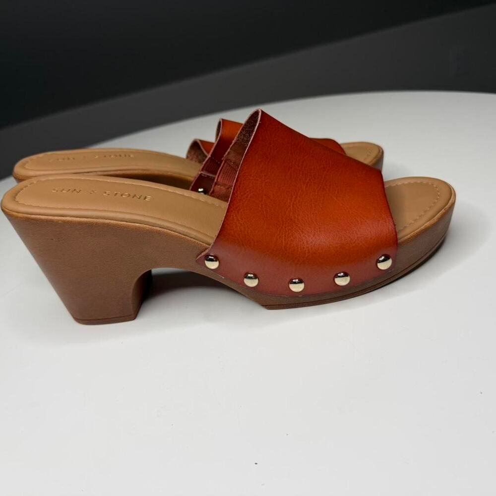 Sun + Stone Brown Platform Mule Clogs Sz 10 Boho Festival Wooden Heel Slides - Picture 3 of 7